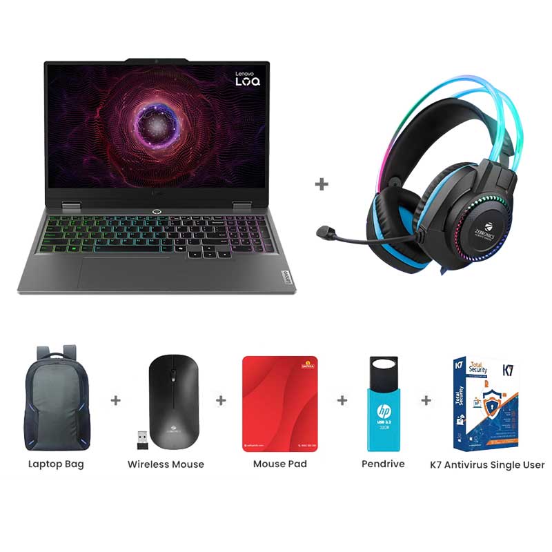 Picture of Lenovo LOQ - AMD Ryzen 5 7235HS 15.6" (39.6cm) 83JC00EEIN Gaming Laptop (12GB / 512GB SSD/ Windows 11 Home/ E-shutter/ NVIDIA GeForce RTX 3050 6GB GDDR6/ IPS 300nits/ Anti-Glare/ White Backlit/ 100% sRGB/ 144Hz/ Office 2024/ 1 Year Warranty/ Luna Grey/ 2.38 kg) Zebronics Zeb-Jet Premium Gaming Headphone + Laptop Bag + Wireless Mouse + Mouse Pad + Pendrive + K7 Antivirus Single User